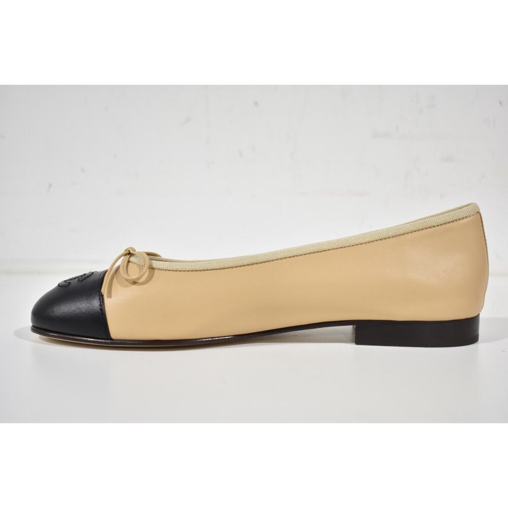 Chanel Beige Black Lambskin Leather CC Logo Bow Tie Ballet Ballerina Flat 36 - Picture 12 of 15